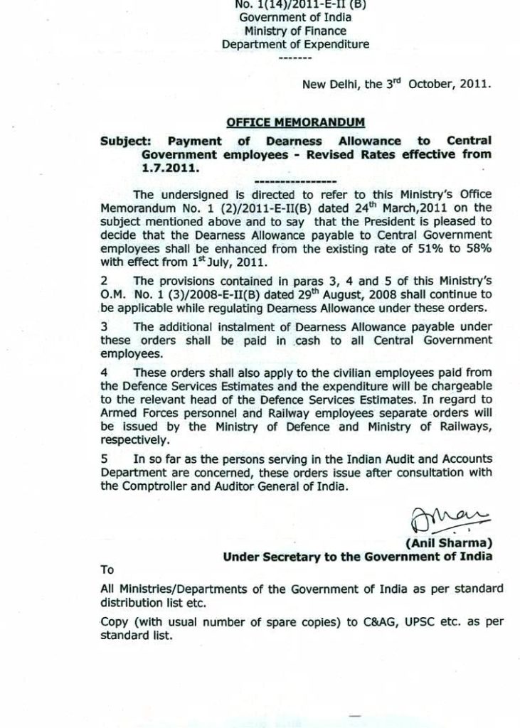 Revised DA @ 58% from 01-07-2011 Order issued by DoE dated 03.10.2011