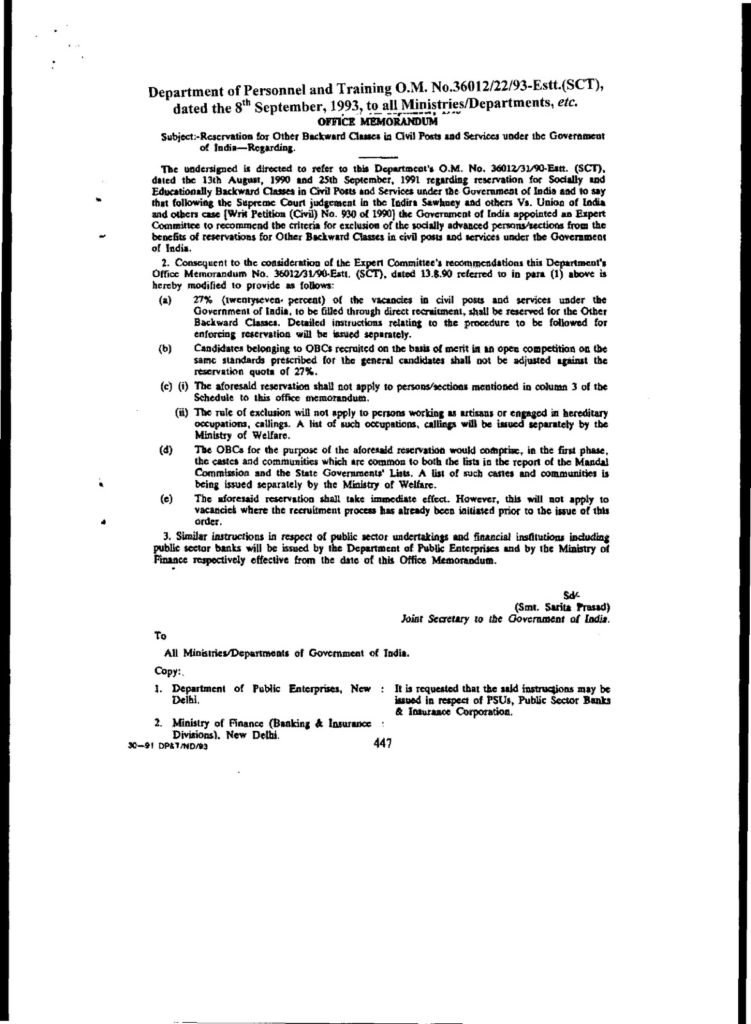 Reservation for Other Backward Classes in Civil Posts and Services under the Govt. of India — Sub-quota for Minority Communities