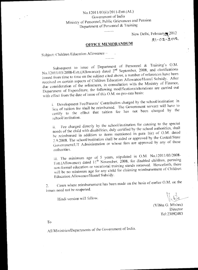 Children Education Allowance – DOPT issued clarification about Fee and Age limit
