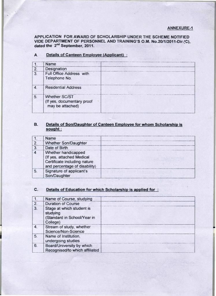 Award of Scholarship to the children of Non-Statutory Departmental Canteen Employees from the Discretionary fund of Director of Canteens