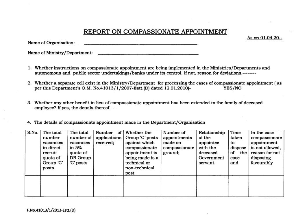 Recommendation of Department Relates Parliamentary Standing Committee on Compassionate Appointment – Instructions by DoPT