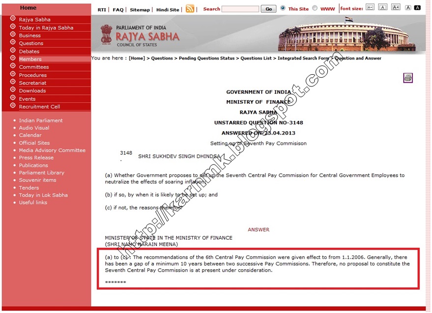 No Proposal to constitute the Seventh Central Pay Commission at present: Govt reply in Rajya Sabha dated 23.04.2013