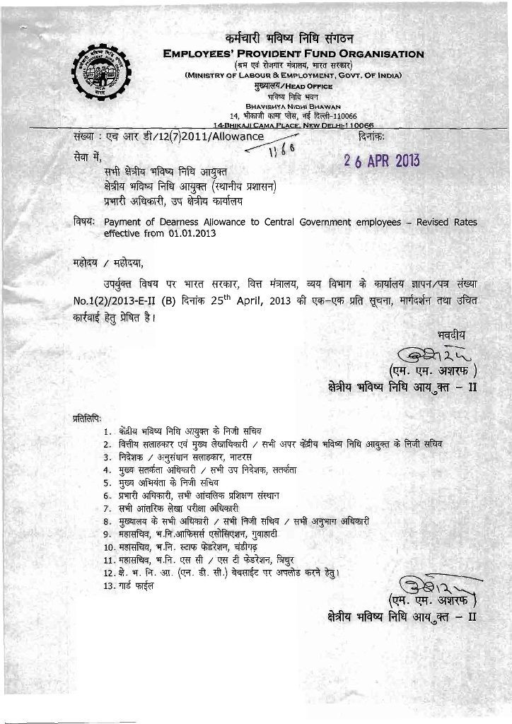 DA Order Jan-2013 issued by KVS & EPFO