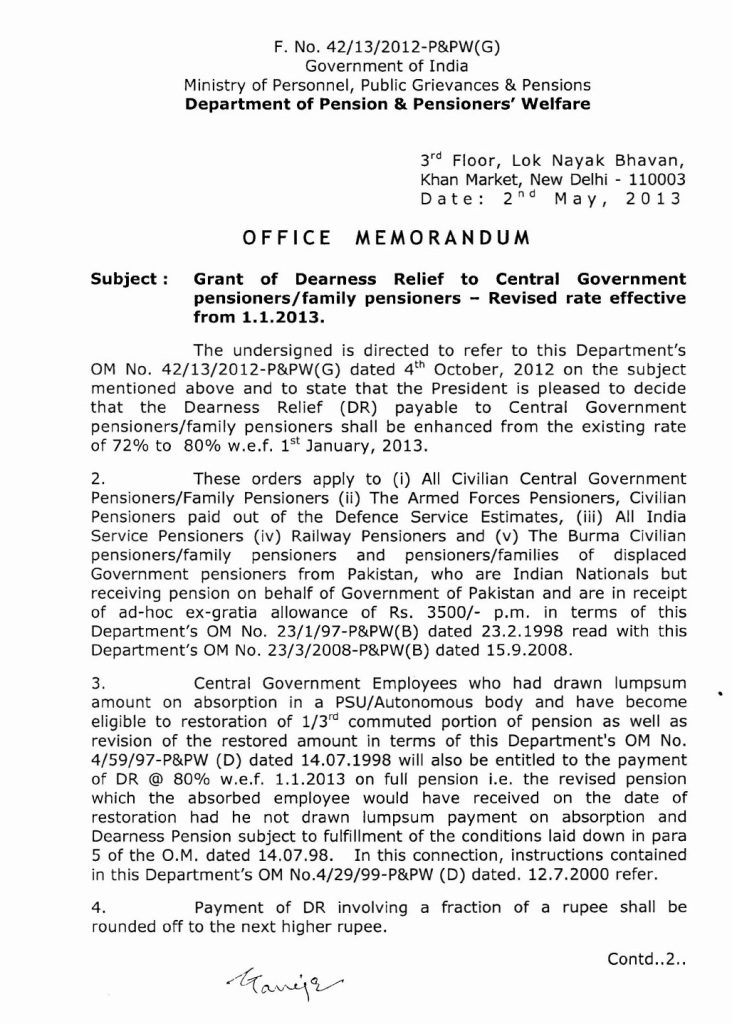 Dearness Relief for Pensioners from Jan-2013: Order issued for Revised rate from 72% to 80%