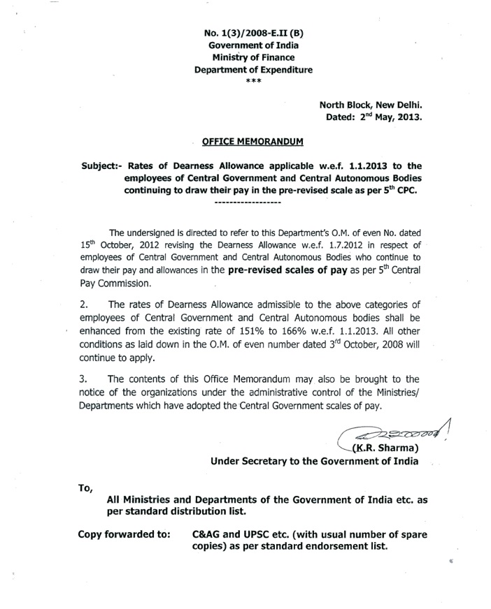 Revised Dearness Allowance w.e.f. January, 2013 for CG & Autonomous Bodies employees drawing 5th CPC: Order issued