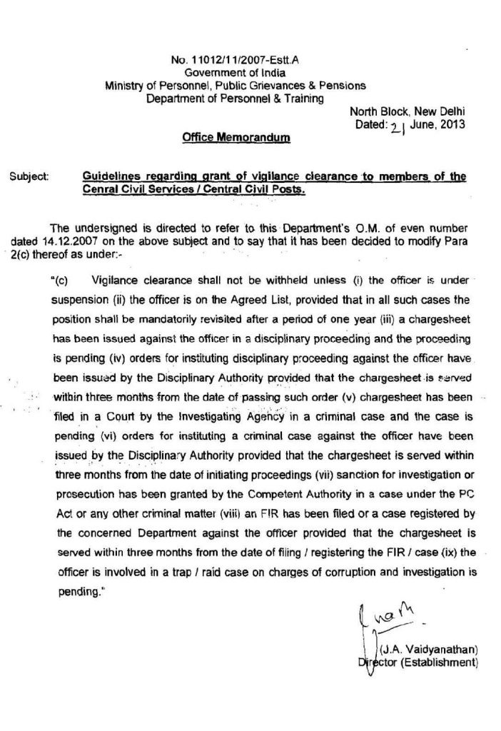 Grant of vigilance clearance to members of the Central Civil Services/Central Civil Posts: DoPT’s latest guidelines