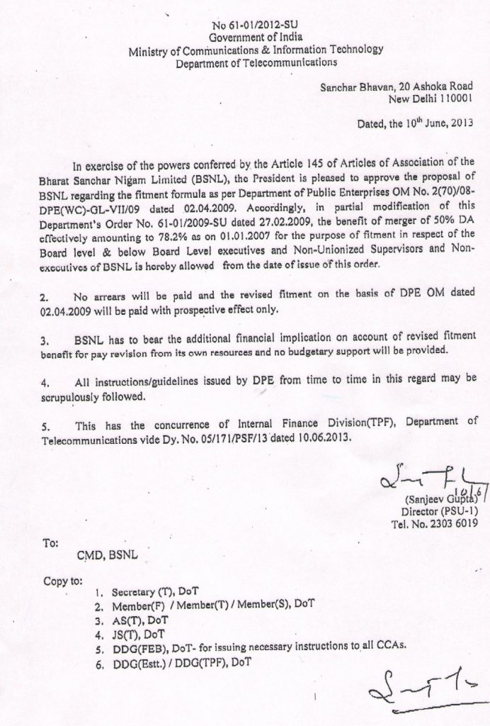 Merger of 50% DA effectively amounting to 78.2% as on 01.01.2007 for BSNL Employees Order issued Merger of 50% DA effectively amounting to 78.2% as on 01.01.2007 for BSNL Employees Order issued