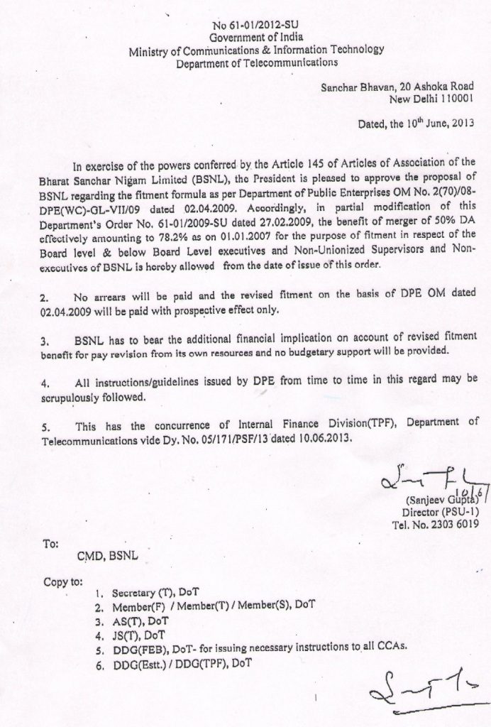 Merger of 50% DA effectively amounting to 78.2% as on 01.01.2007 for BSNL Employees Order issued