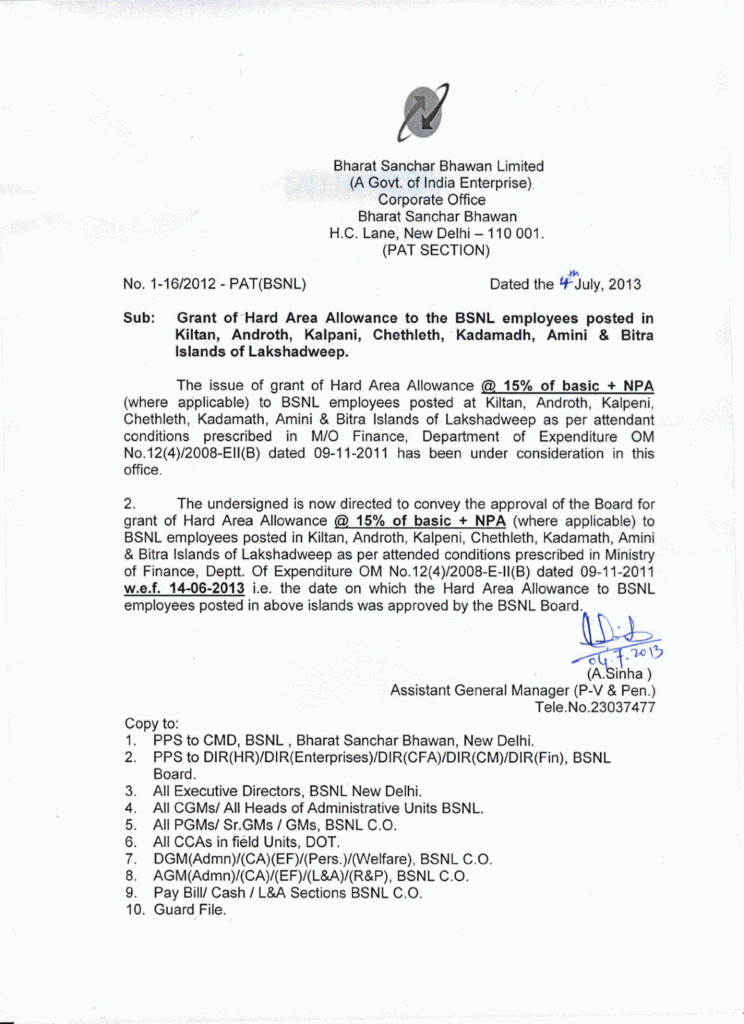 Grant of Hard Area Allowance to the BSNL employees posted in Kiltan, Androth, Kalpani, Chethleth, Kadamadh, Amini & Bitra Islands of Lakshadweep