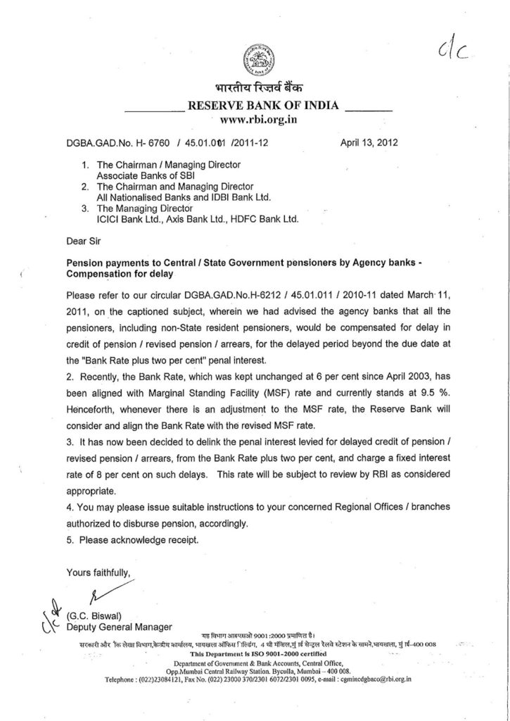Penal interest of 8% to be paid by Banks on delayed payment of Pension/Pension arrears-RBI Circular dated 13-04-2012