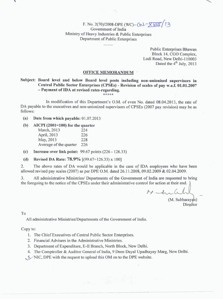 BSNL / CPSE DA from July, 2013 @ 78.9%  – Payment of IDA to Board Level and below Board Level Posts including non-unionised supervisors – Revision of Scales w.e.f. 01.01.07