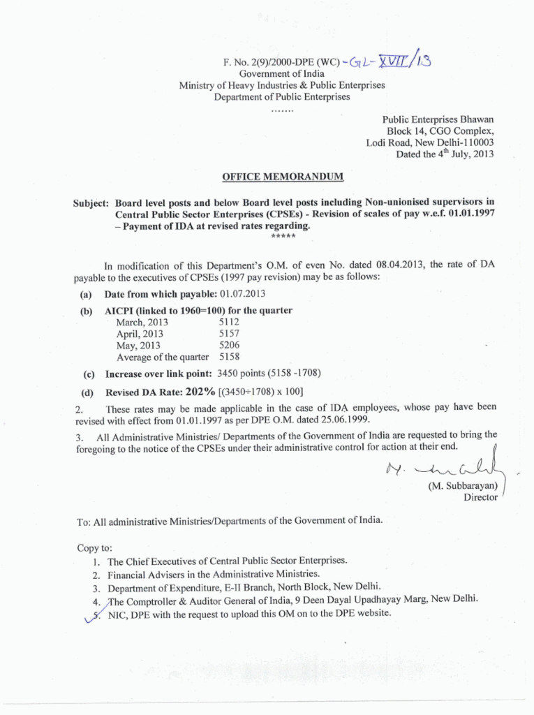 CPSE: Revised DA @ 202% from 1st July, 2013 – Payment of IDA to Board & Below Board Level Posts including Non-unionised Supervisors – Revision of Scales of Pay w.e.f. 01.01.1997