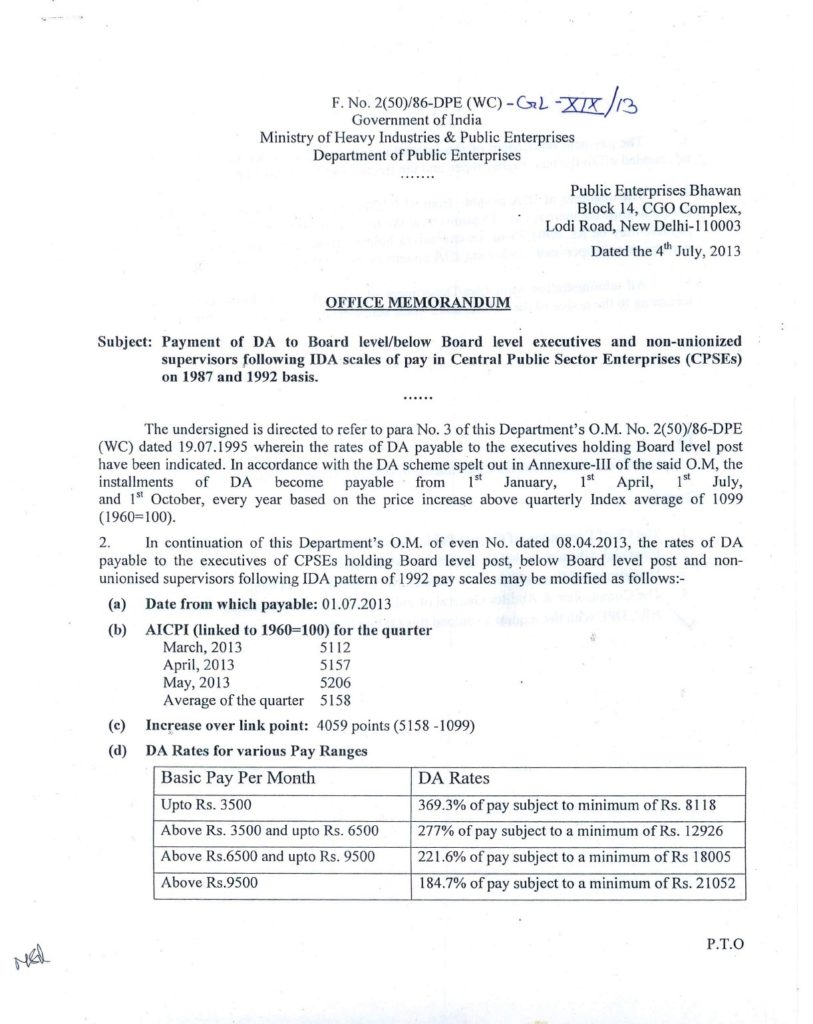 CPSE: Payment of DA w.e.f. 1st July, 2013 to Board level/below Board level executives and non-unionized supervisors following IDA scales of pay on 1987 and 1992 basis.
