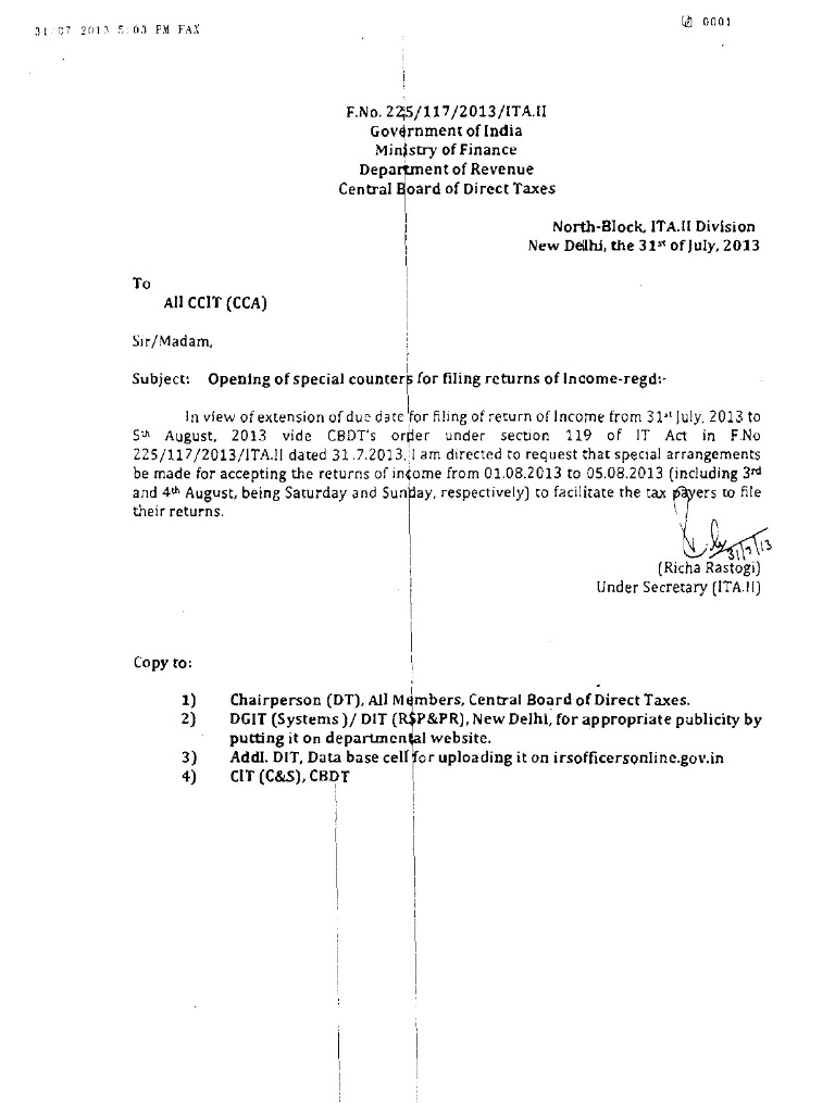 Special Counter for filing Income Tax Return from 1st Aug to 5th Aug including Saturday and Sunday