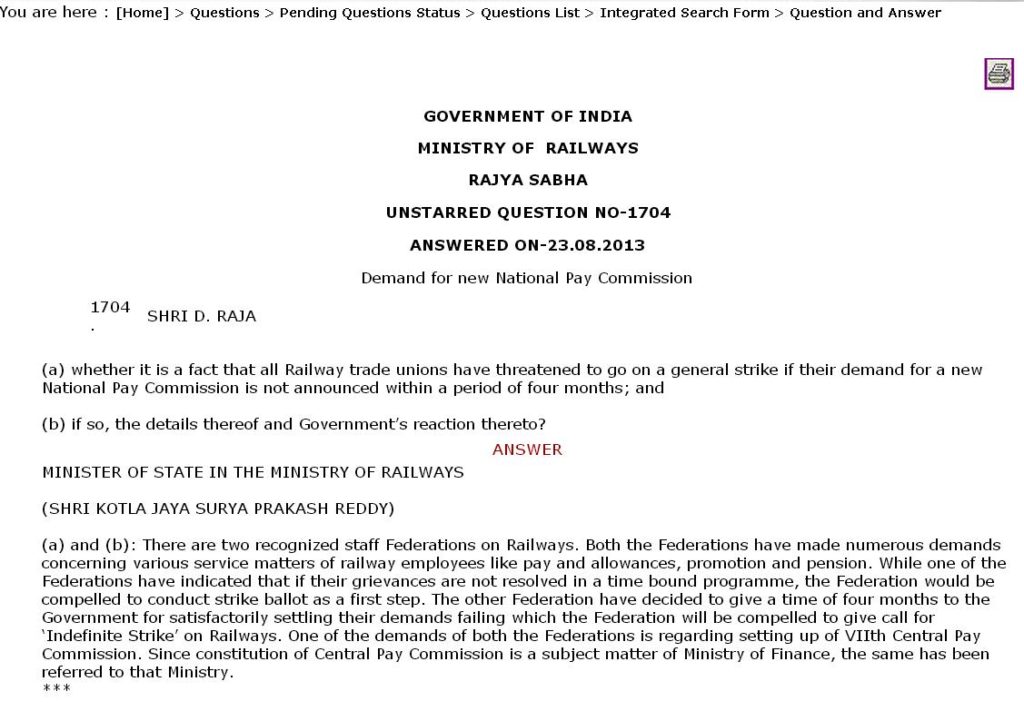 Setting up of 7th Central Pay Commission: Matter has been referred to Ministry of Finance by Railway Ministry in view of Strike Call
