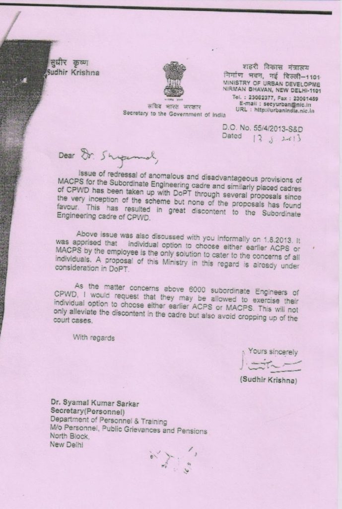 Option to choose ACP or MACP: Secretary, MoUD’s letter to Secretary DoPT