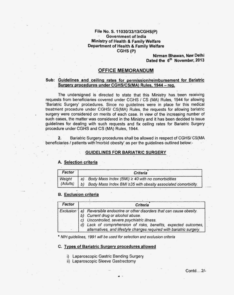 Guidelines and Ceiling Rates for Permission/Reimbursement for Bariatric Surgery Procedures under CGHS/CS(MA) Rules