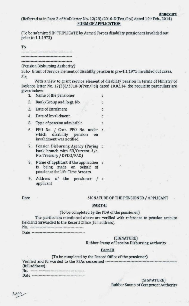 Grant of Service Element of disability pension in pre-1.1.1973 invalided out JCOs, ORs and NCs(E)/ Sailor/ Airmen cases