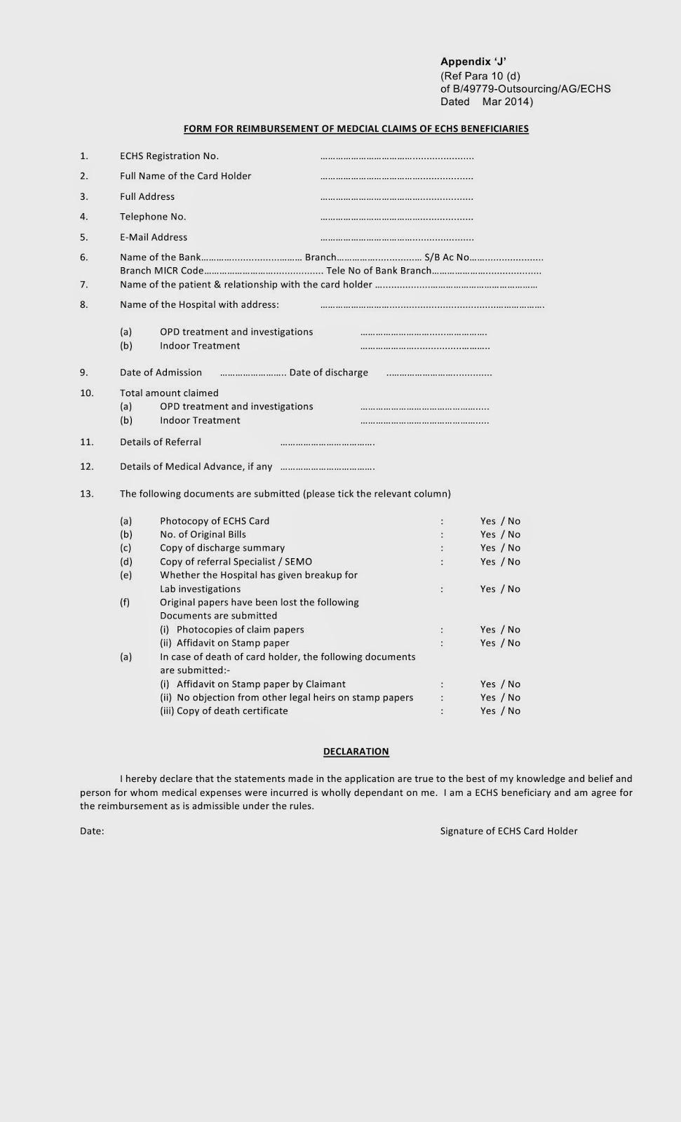 Form for Reimbursement of Medical claims of ECHS Beneficiaries