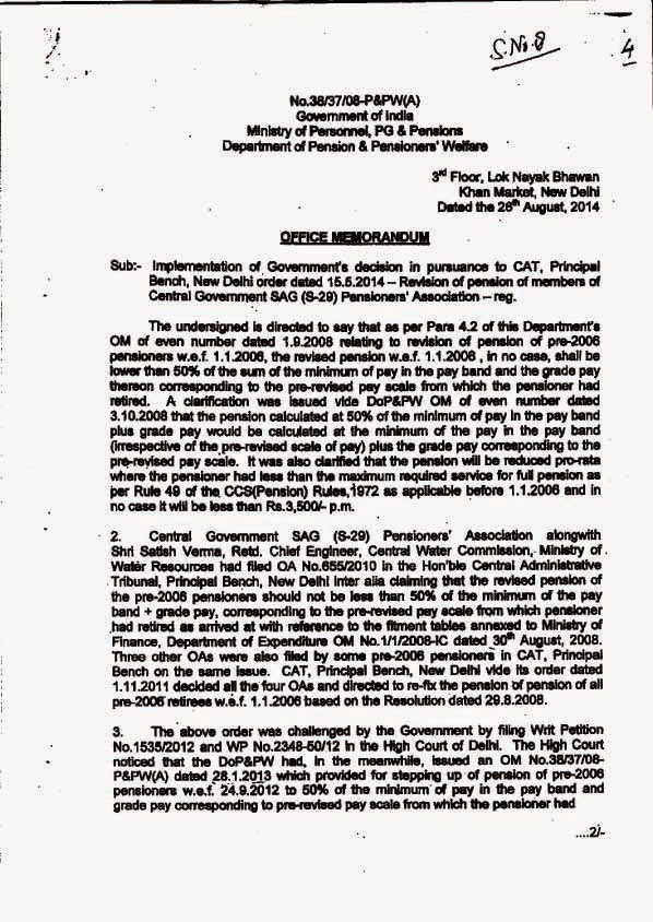 Revision of pension of pre-2006 pensioners in pursuance of CAT, Principal Bench, New Delhi Order