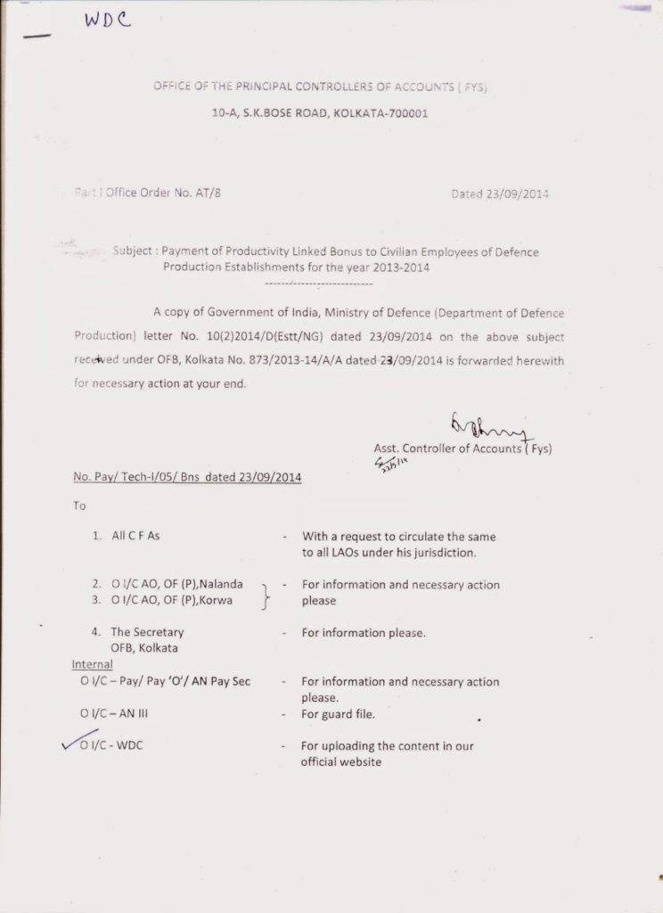 Productivity Linked Bonus to Civilian Employees of Defence Production Establishments for the year 2013-14