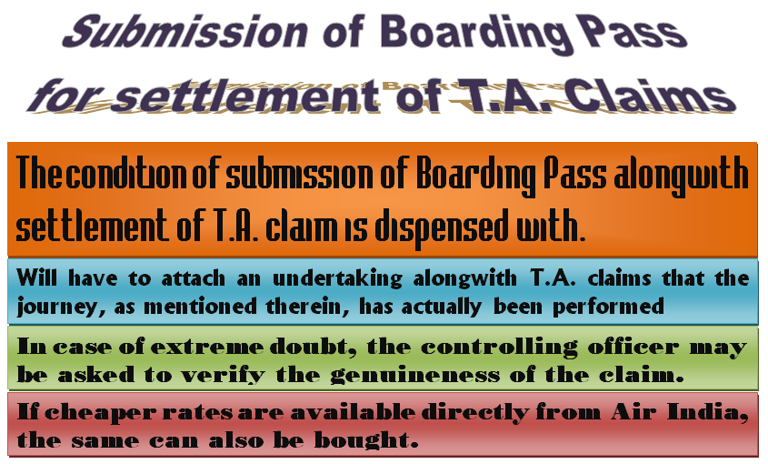 Condition of submission of Boarding Pass for settlement of T.A. Claims is dispensed with – DOPT Order