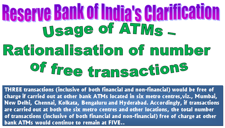 Usage of ATMs –Rationalisation of number of free transactions – Clarifications