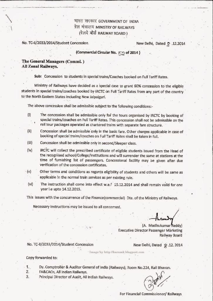 Concession to Students in special trains/Coaches booked on Full Tariff Rates Concession to Students in special trains/Coaches booked on Full Tariff Rates
