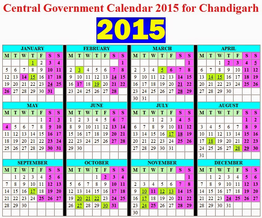 Central Government Calendar 2015 for Chandigarh with list of Closed/Gazetted & Restricted Holidays