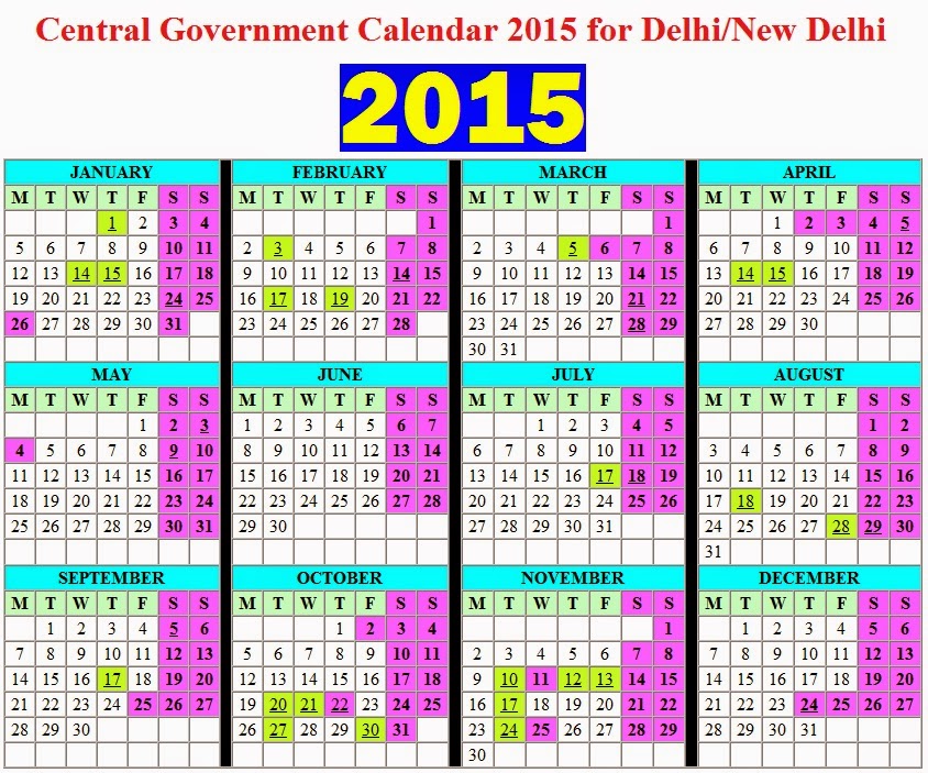 Central Government Calendar 2015 for Delhi/New Delhi with list of Closed/Gazetted & Restricted Holidays