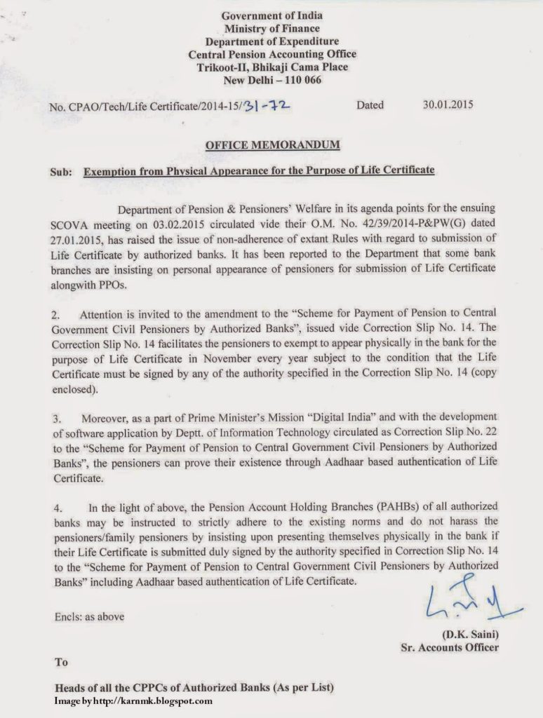 Exemption from Physical Appearance for the Purpose of Life Certificate Exemption from Physical Appearance for the Purpose of Life Certificate