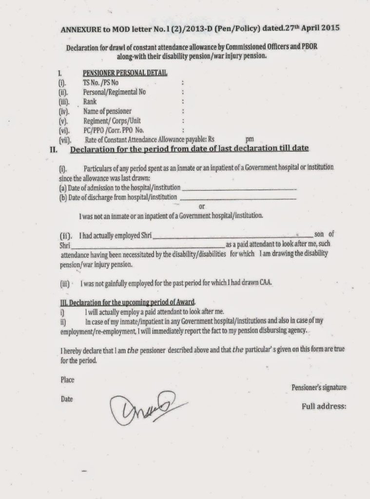 Payment of Constant Attendance Allowance (CAA) on monthly basis withdisability pension to Armed Forces personnel