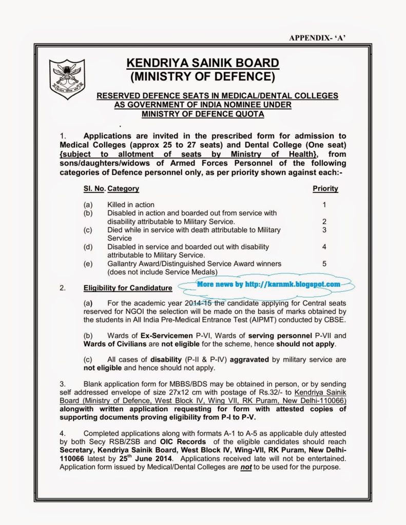 Defence Quota Seats in MBBS Through Kendriya Sainik Board