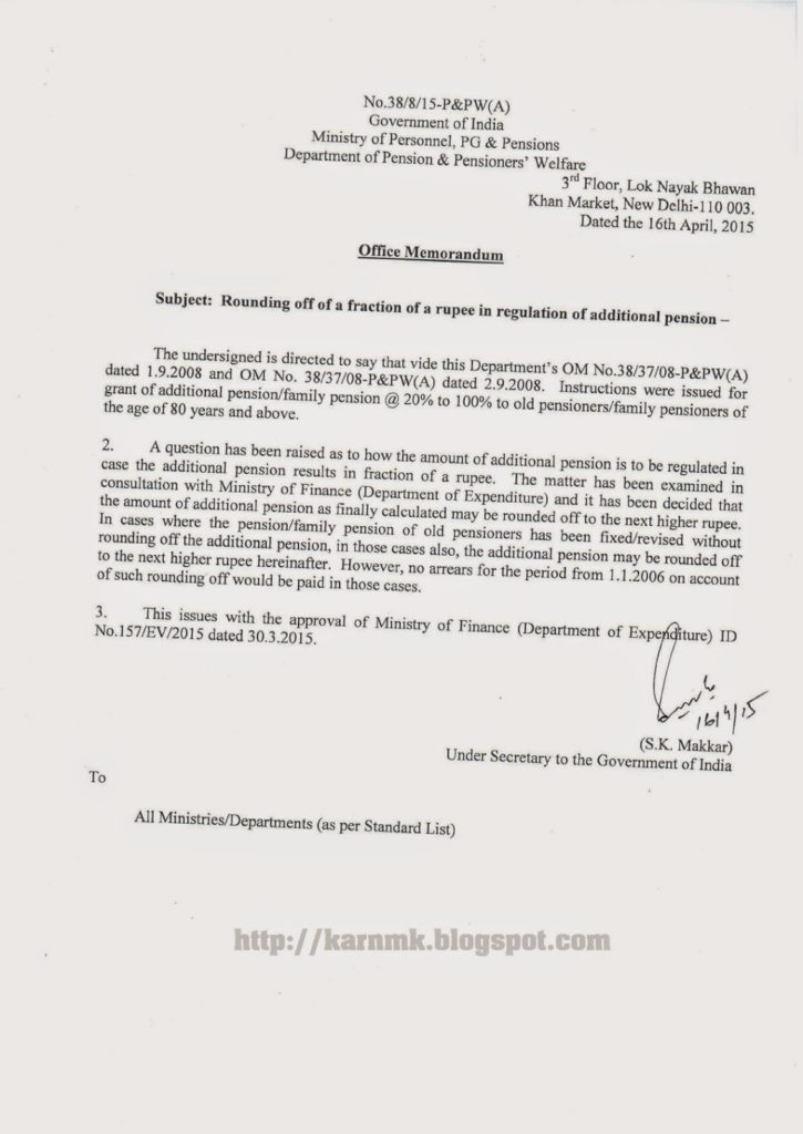 Rounding off of a fraction of a rupee of Additional Pension to aged Pensioner – No arrears from 1.1.2006