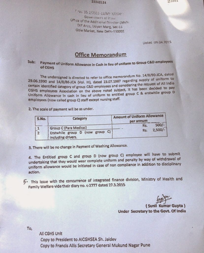 Payment of Uniform Allowance in lieu of uniform to Group C&D employees of CGHS