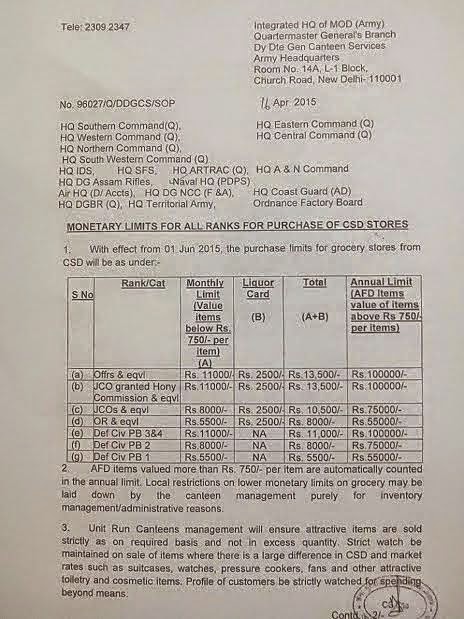 CSD Canteen: Monetary limits for All Ranks wef from 01 Jun 2015 for Purchase of CSD Stores CSD Canteen: Monetary limits for All Ranks wef from 01 Jun 2015 for Purchase of CSD Stores