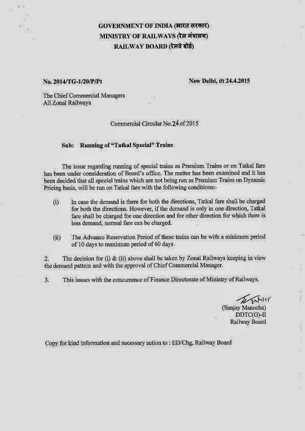 Rnnning of Tatkal Special Trains: Railway Board Commercial Circular No. 26