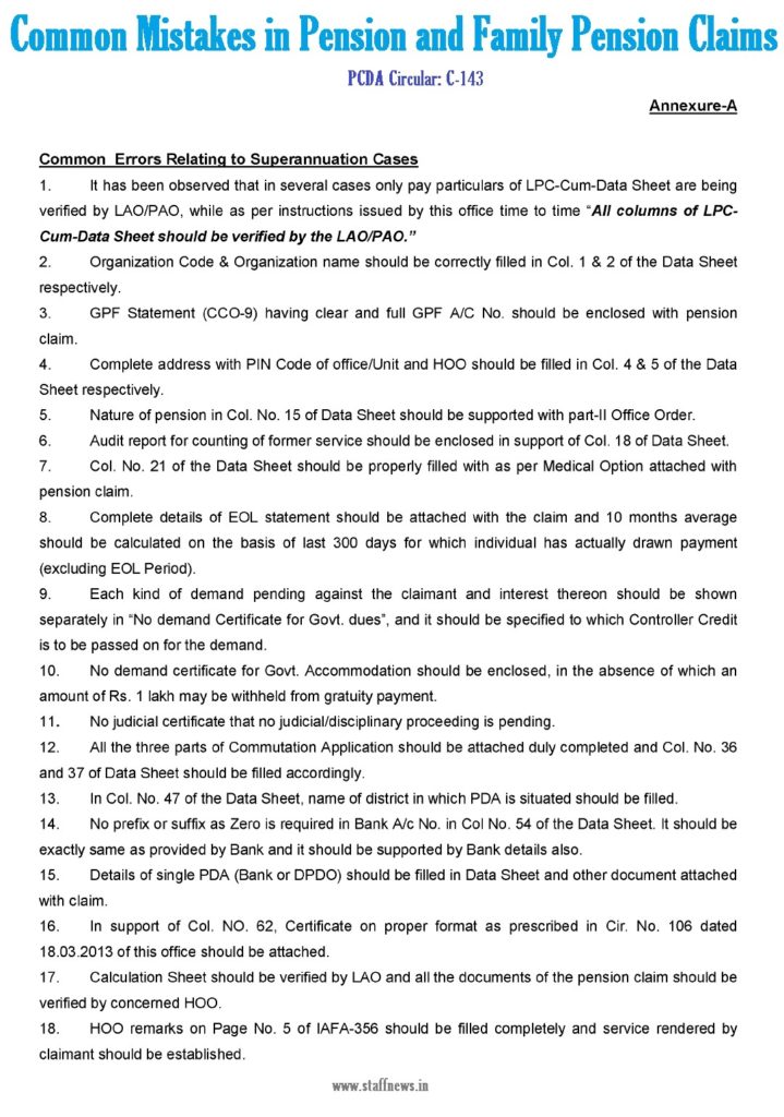 Delay in finalization of Pension/Family Pension claims due to common errors/mistakes found therein: PCDA Ciruclar