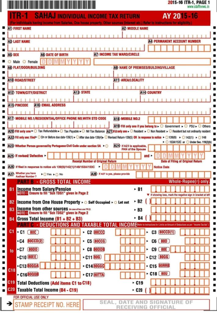 Income Tax Return Forms – ITR-1 Sahaj, ITR-2 & ITR-V Acknowledgement Form for AY 2015-16: New Form will be released