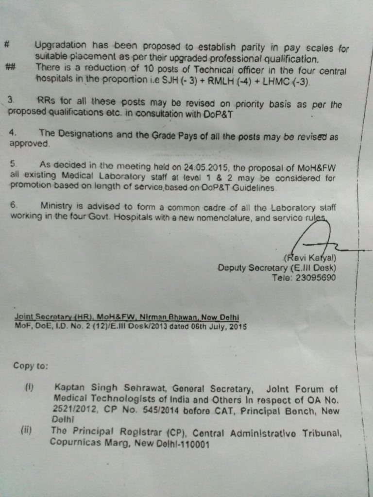 Proposal for the Cadre review of Medical Laboratory Staff in 4 Central Government Hospitals approved by Finance Ministry