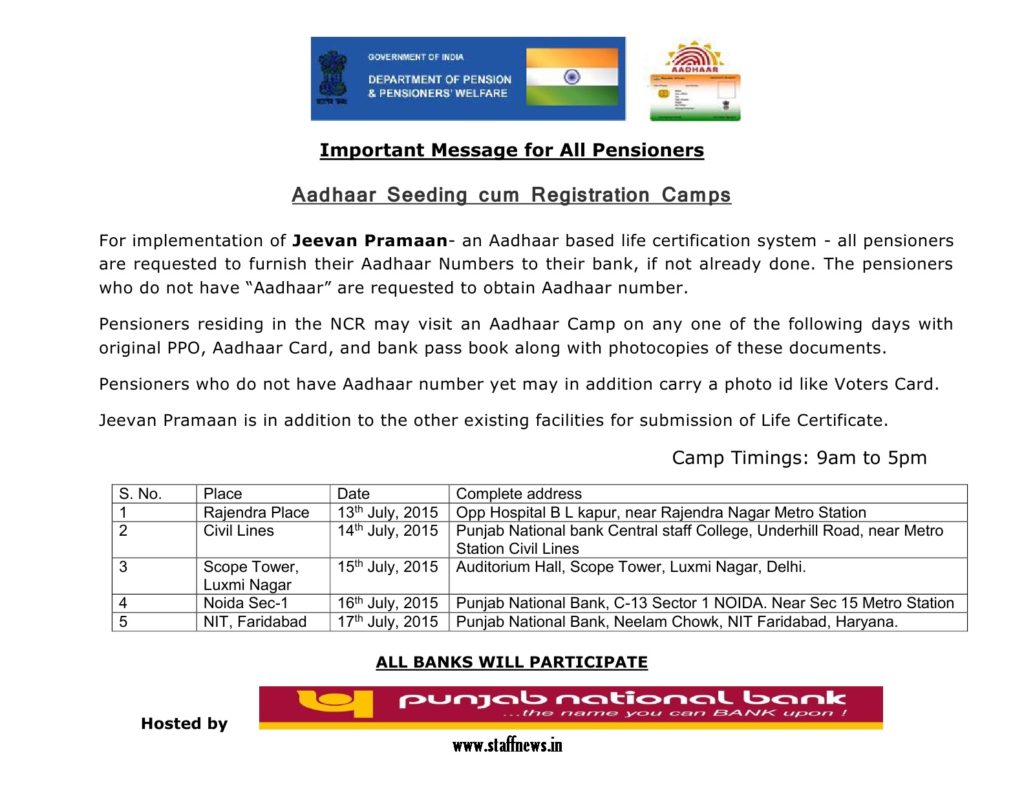 Important Notice for Pensioners: Aadhaar Seeding cum Registration Camps Important Notice for Pensioners: Aadhaar Seeding cum Registration Camps