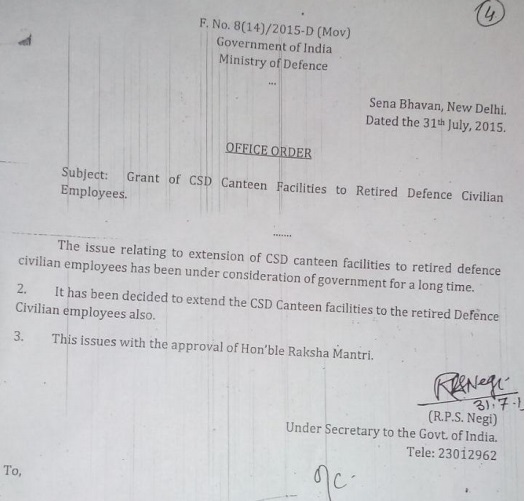 Grant of CSD Canteen Facilities to Retired Defence Civilian Employees