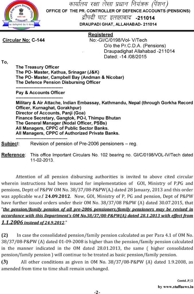 Revision of pension of Pre-2006 pensioners: PCDA Circular 144 dt 14-08-2015