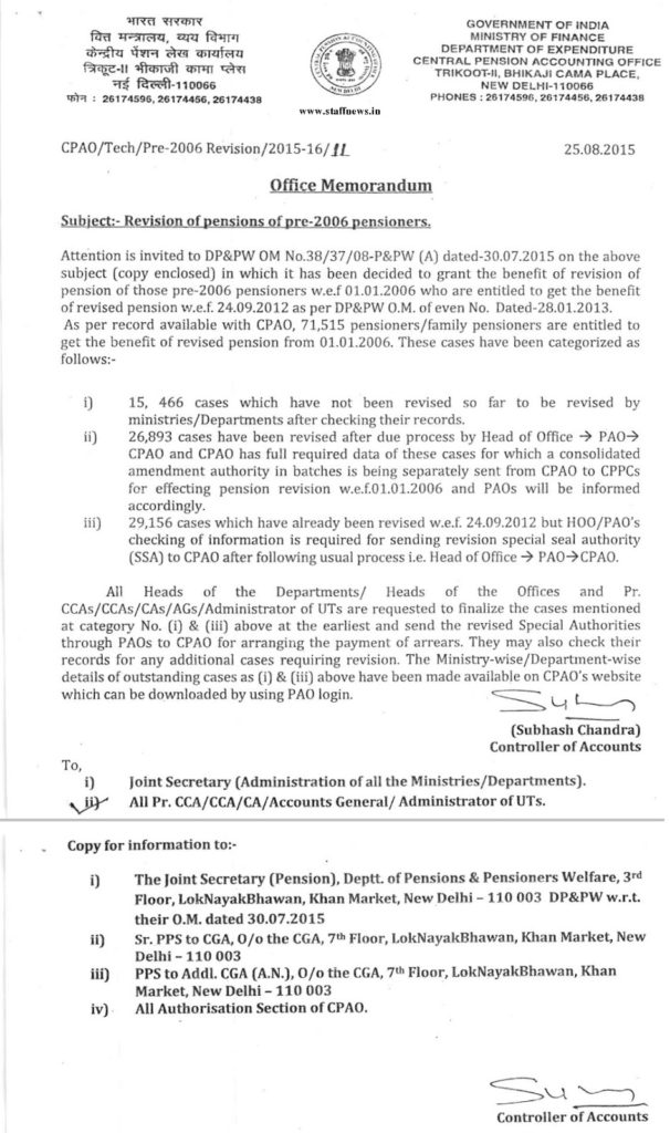 Revision of pensions of pre-2006 pensioners – Payment of Arrears from 01.01.2006 : CPAO Order dated 25.08.2015