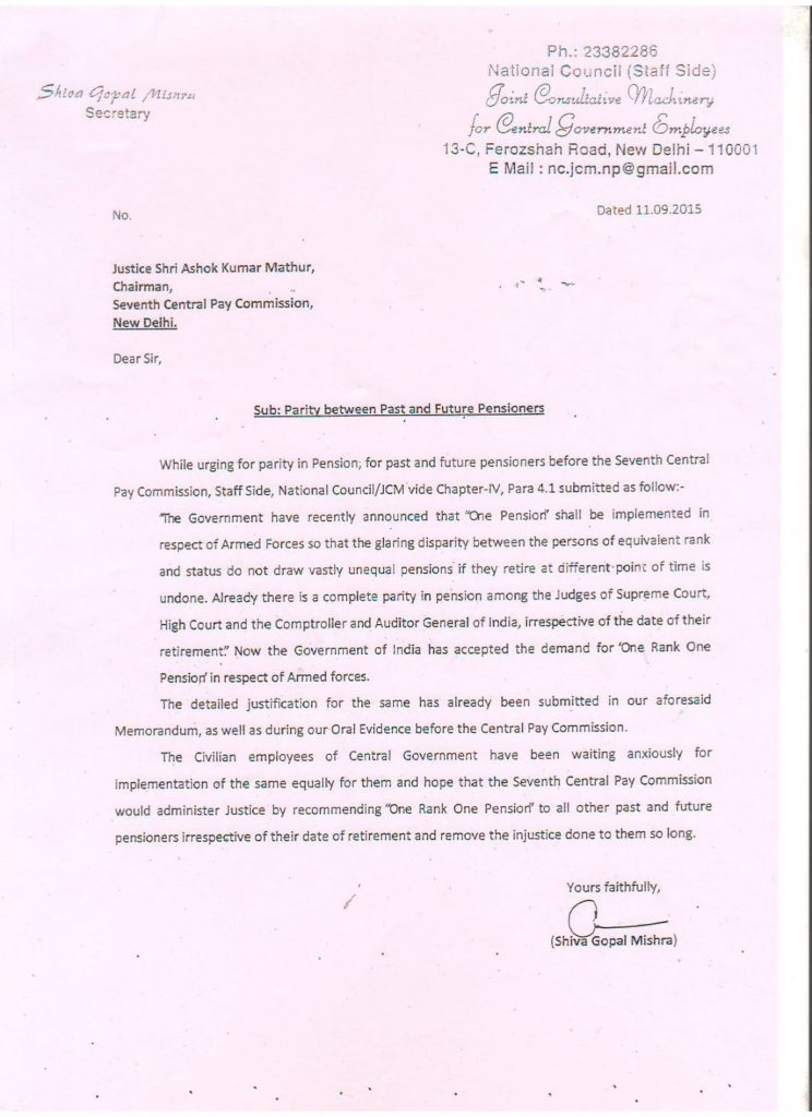 Parity between Past and Future Pensioners: NC JCM letter to 7th CPC on OROP