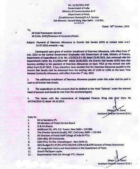 Payment of Dearness Allowance to Gramin Dak Sevaks (GDS) at revised rates w.e.f. 01.07.2015 Payment of Dearness Allowance to Gramin Dak Sevaks (GDS) at revised rates w.e.f. 01.07.2015