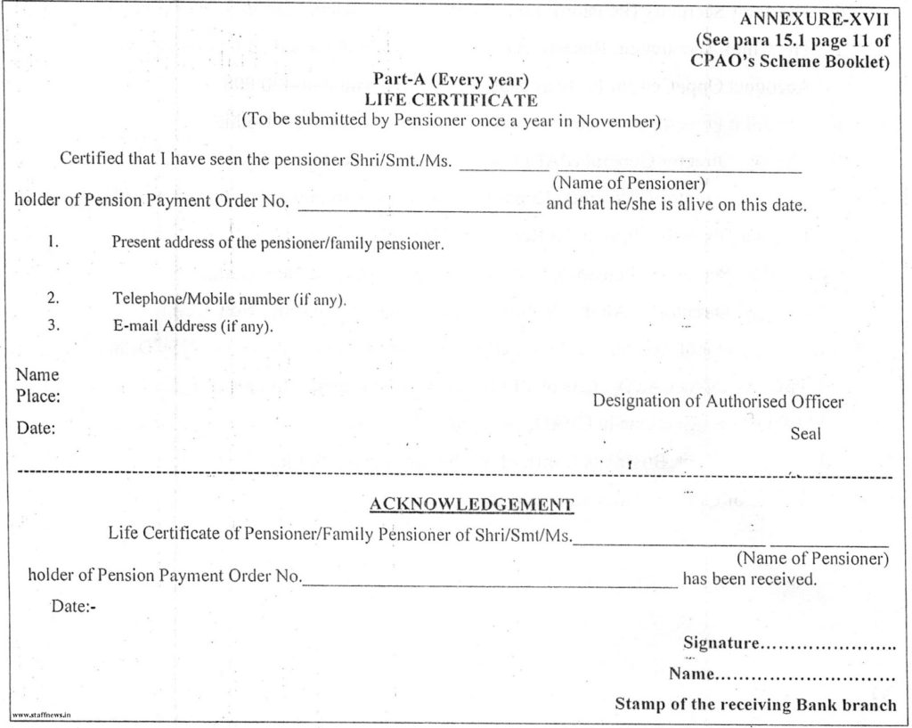 Modification in Life Certificate (Annexture- XVII)