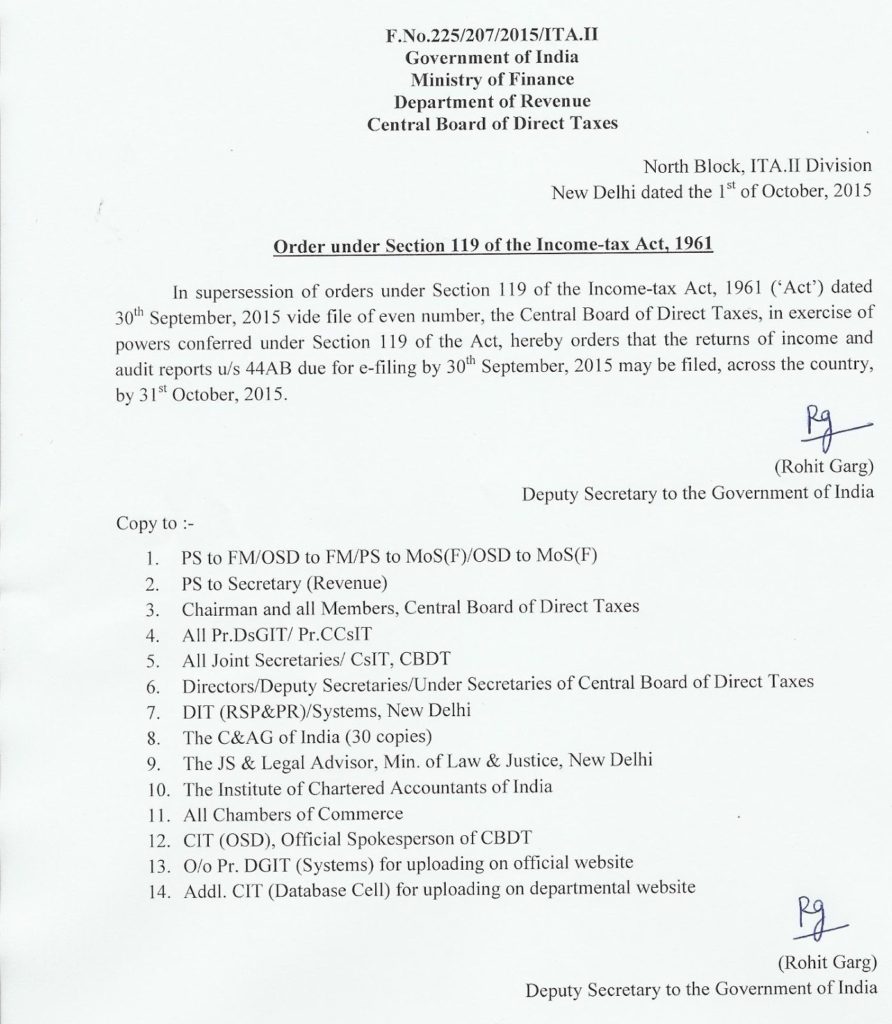 The due date for ITR and audit reports u/s 44AB has been extended to 31st October 2015 for the entire country