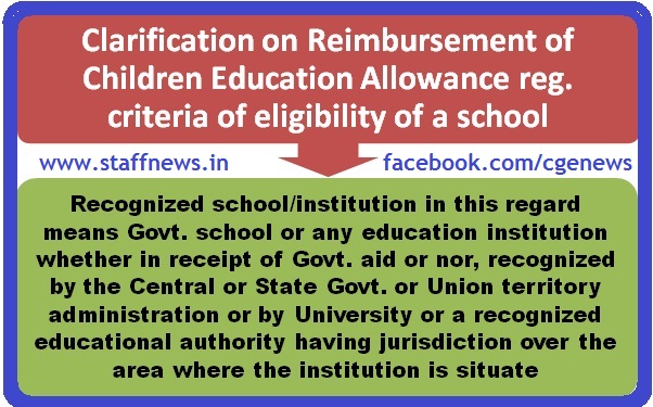 Clarification on Reimbursement of Children Education Allowance reg. criteria of eligibility of a school