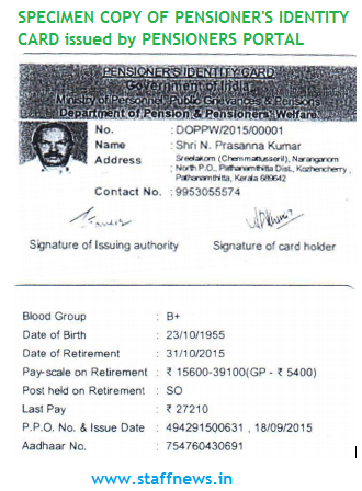 Issue of Pensioners Identity Card to Pensioners: Specimen Copy of I Card